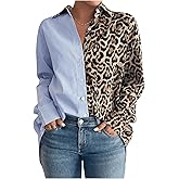 BEAUDRM Women's Colorblock Striped Leopard Shirt Button Down Cheetah Shirt Long Sleeve Drop Shoulder Blouse