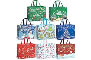 Iioscre 8 PCS Large Christmas Gift Bags With Handles, Non Woven Reusable Holiday Treat Bags for Gifts, 12.8 x 9.8 x 6.7in