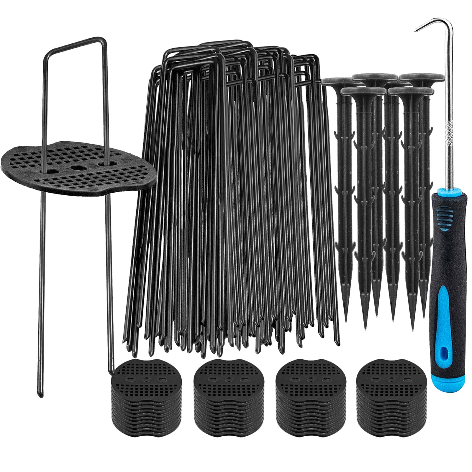 COONE Garden U-shaped Pins Stakes Pegs+10 Pack 4.3inch Plastic Garden Stakes+20 Buffer Washer + 1 pick hook, Metal Garden Landscape Staples for Landscape Edges, Fixed Fences, Lawns, Tarpaulins