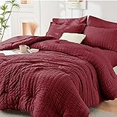 HYMOKEGE Burgundy Queen Comforter Set Seersucker 7 Pieces, All Season Luxury Bed in a Bag for Bedroom, Bedding Set with Comforters, Sheets, Pillowcases & Shams