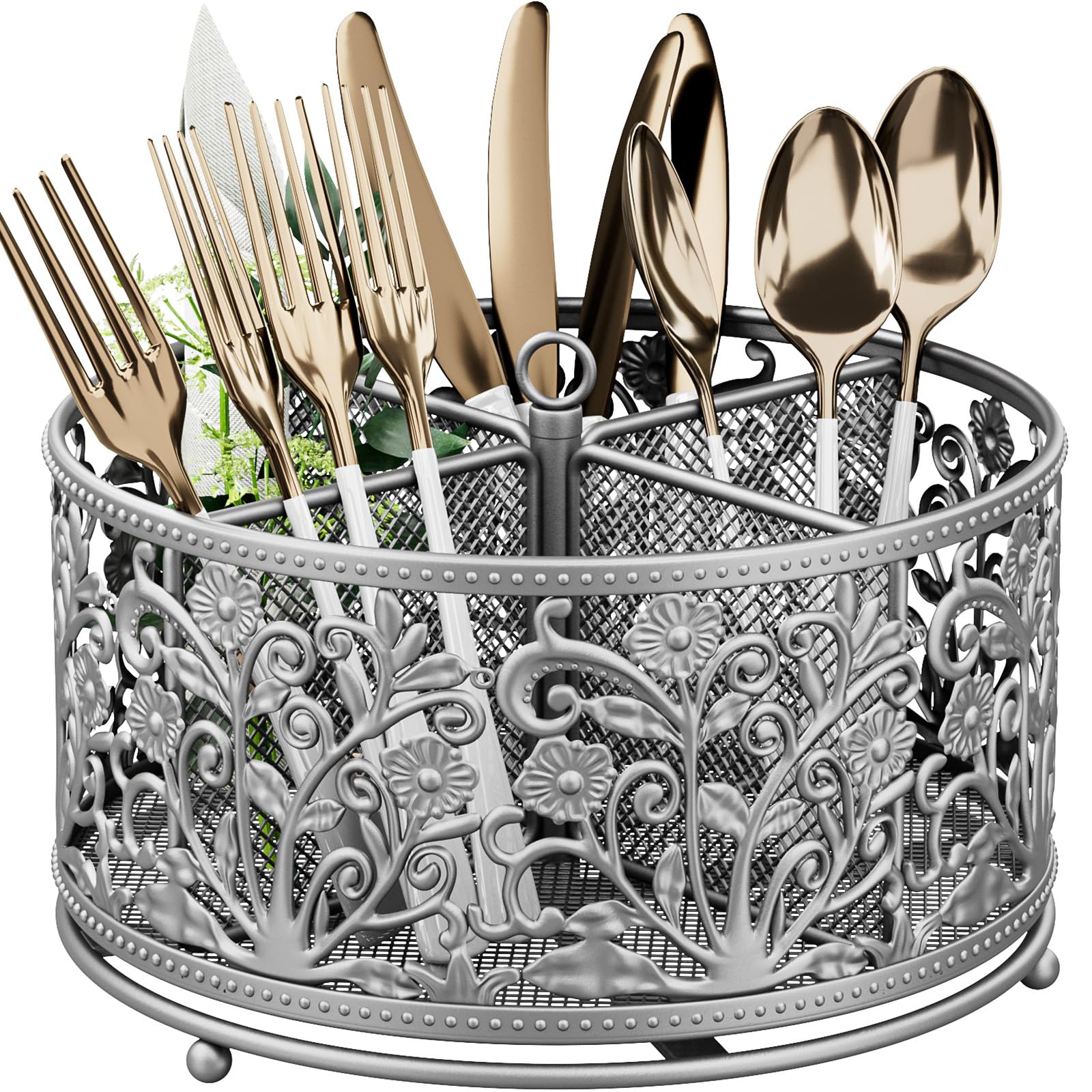 Photo 1 of YIUKEA 360° Rotating Utensil Caddy - Silverware Cutlery Caddy Holder with 4 Compartment, Metal Flatware Organizer Countertop with Handle for Party Camping Picnic, Kitchen Counter, Office (Silver)