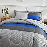 Flysheep Ombre Striped Bed in a Bag 7 Pieces Queen Size, Blue and Grey Stripes Comforter Sheet Set (1 Comforter, 1 Flat Sheet, 1 Fitted Sheet, 2 Pillow Shams, 2 Pillowcases)