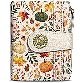Kelvoris Pumpkin Fall Leaves Mushroom Halloween Small Rfid Women Travel Wallet Bifold Zipper Coin Pocket PU Leather Compact Cash Credit Card Holder Female Ladies Teen Girls 1 ID Window 10 Card Slots