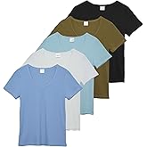 Real Essentials 5 Pack: Women's Ribbed V-Neck T-Shirt Short Sleeve Tee Shirt Soft Casual Lounge Everyday Top Ladies Teens