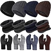 Suhine 12 Pcs Winter Hat Scarf Gloves Set with Knit Fleece Lined, Including 4 Pcs Winter Beanie, 4 Pairs Touch Screen Mittens, 4 Pcs Neck Circle Scarves for Men, Homeless Supplies, Birthday Gift
