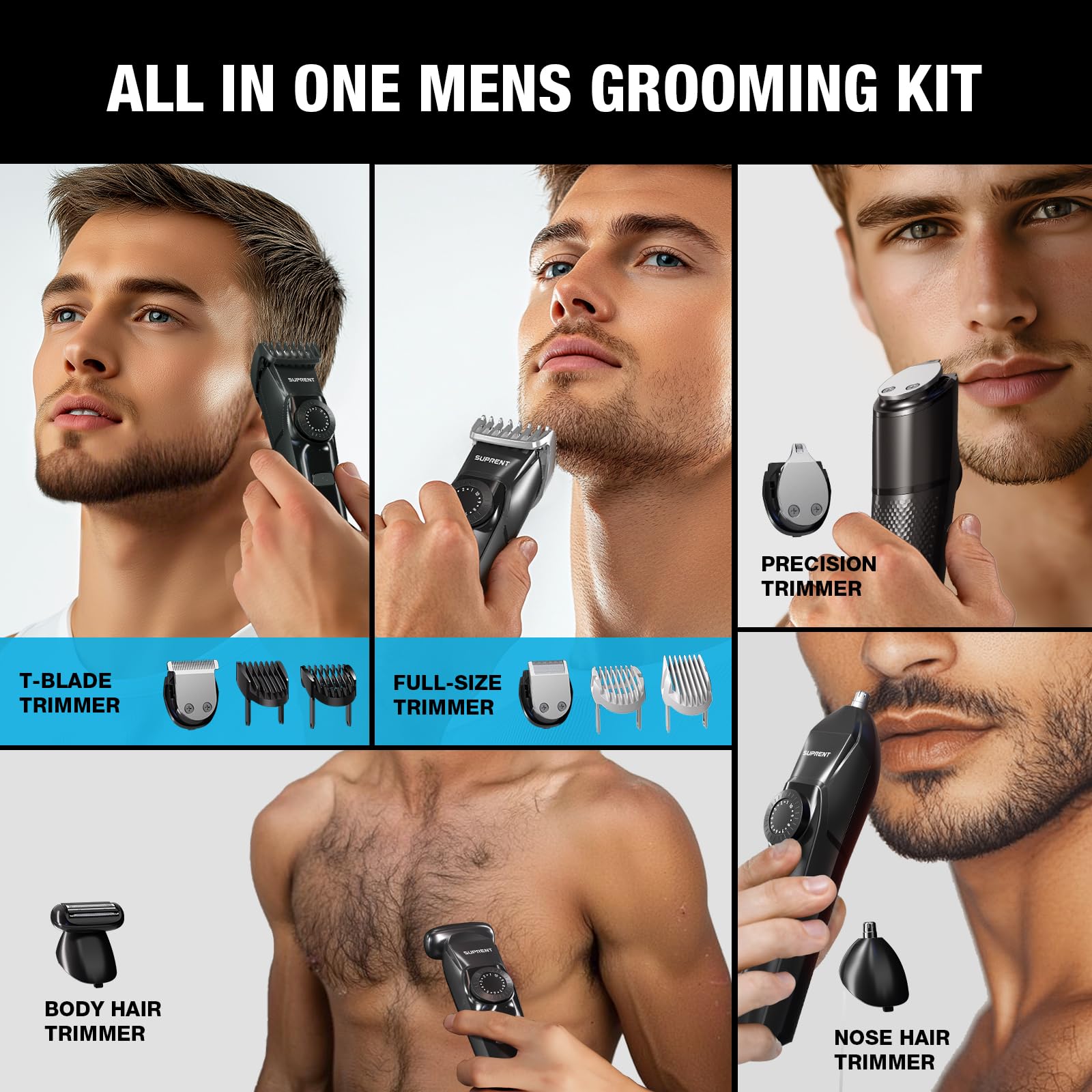 SUPRENT Barttrimmer Herren, All-in-1Bartschneider Nasenhaartrimmer Kabellos, 210 Min Laufzeit & Wasserdicht Rasierer Elektrisch mit 40 Längen, Trimmer für Gesicht/Kopf/Körper 2