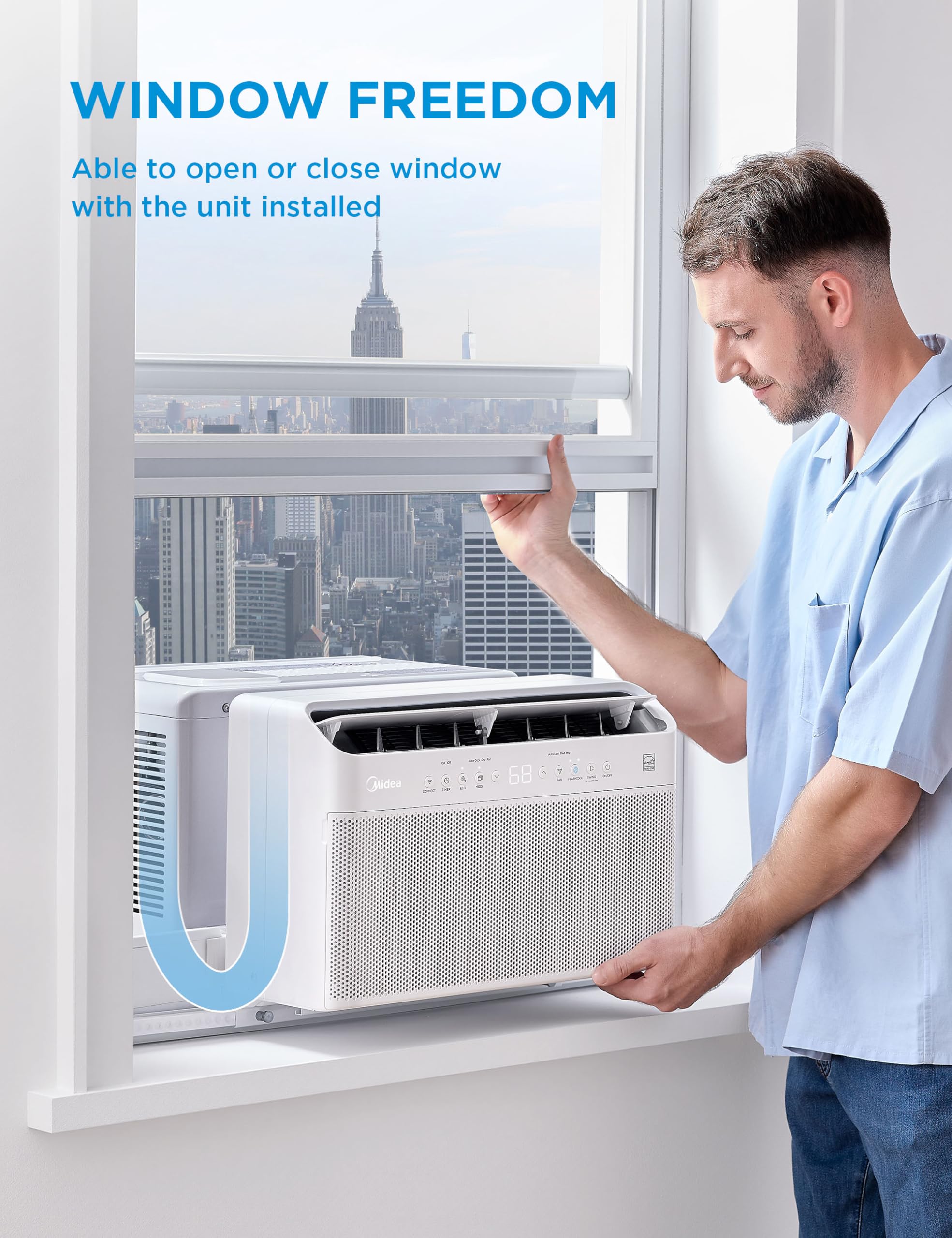 Midea 8,000 BTU U Shaped Smart Inverter Window Air Conditioner - Cools 350 Sq Ft, Ultra Quiet with Open Window Flexibility - Alexa/Google Assistant Compatible - 37% Energy Savings, Remote (Updated)