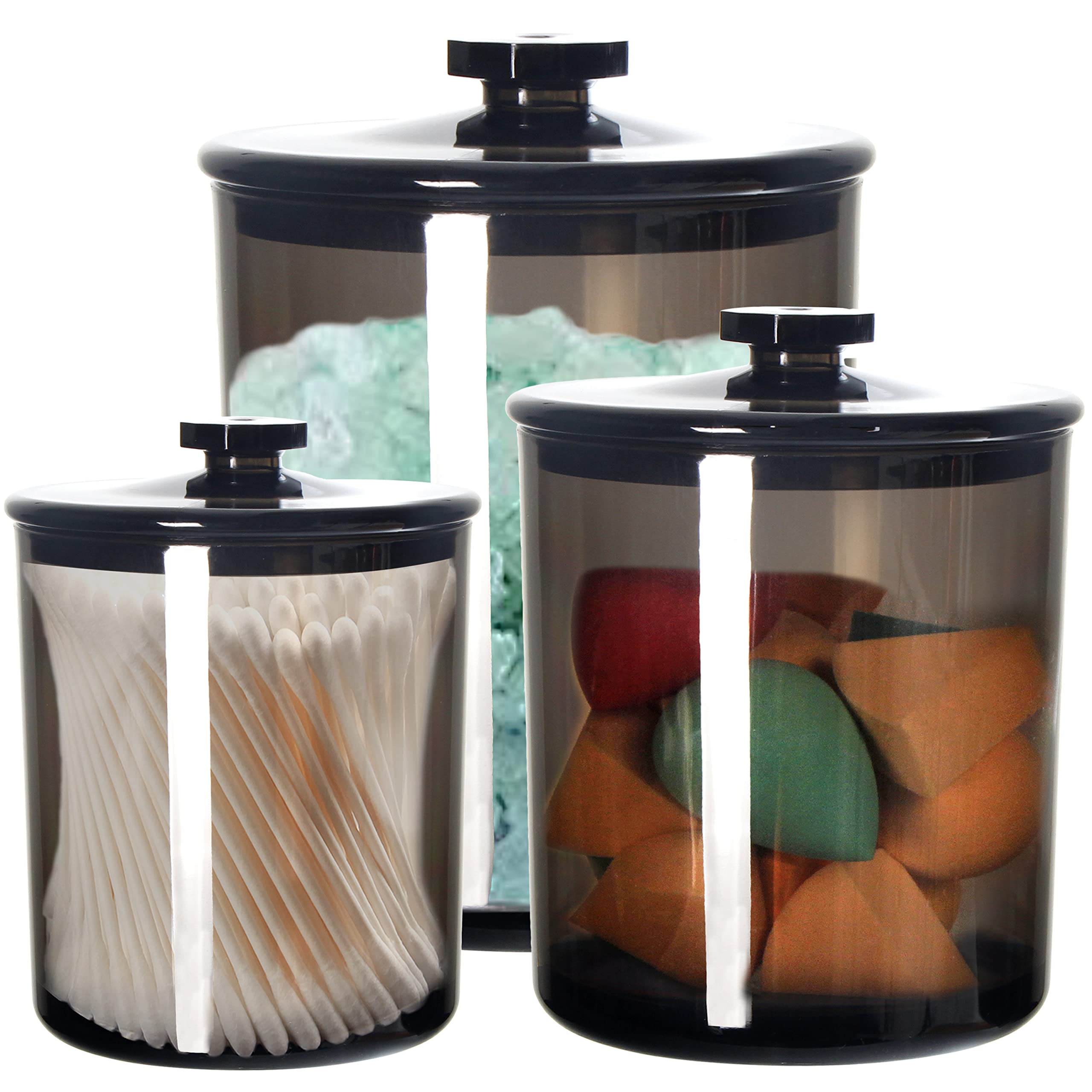 Youngever 1800ML, 900ML and 450ML Black Plastic Apothecary Jars, Bathroom Jars Set of 3
