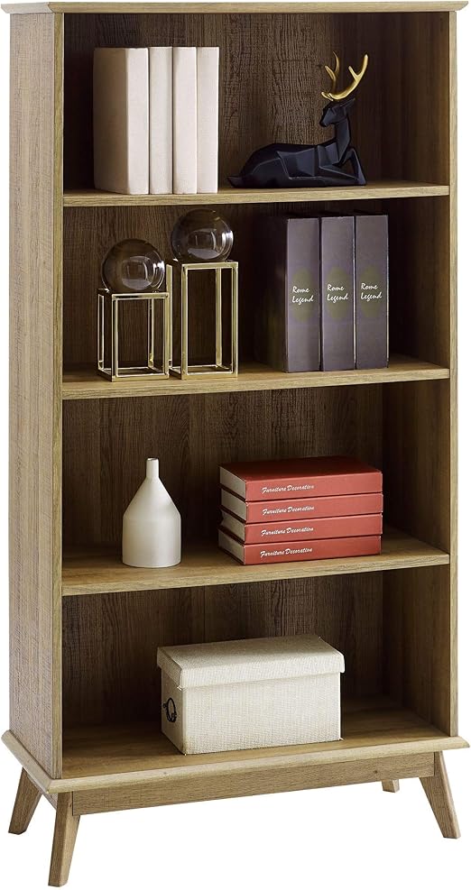 Amazon Com Newport Series Wooden Tall Modern 5 Tier Bookcase Book Shelf Media Storage Organizer Sturdy And Stylish Easy Assembly Golden Oak Wood Look Accent Living Room Home Office Furniture