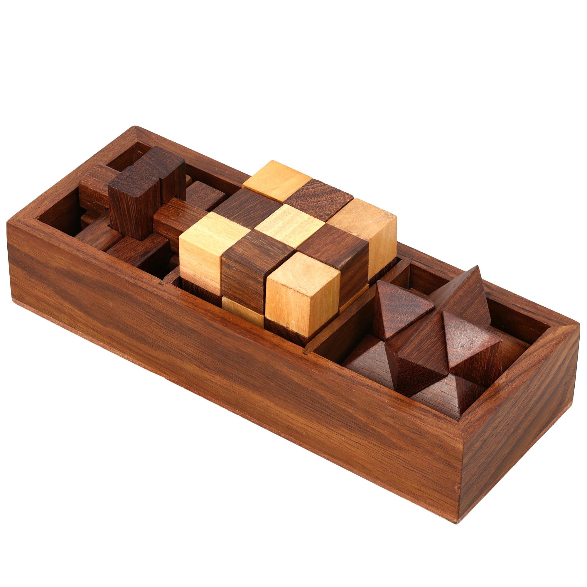 Ajuny Wooden Puzzle Games Box Set - Challenging Brain Teasers 3D Puzzles for Teens and Adults with Decorative Storage Box Interlocking Games for IQ Test Handcrafted Game Gifts