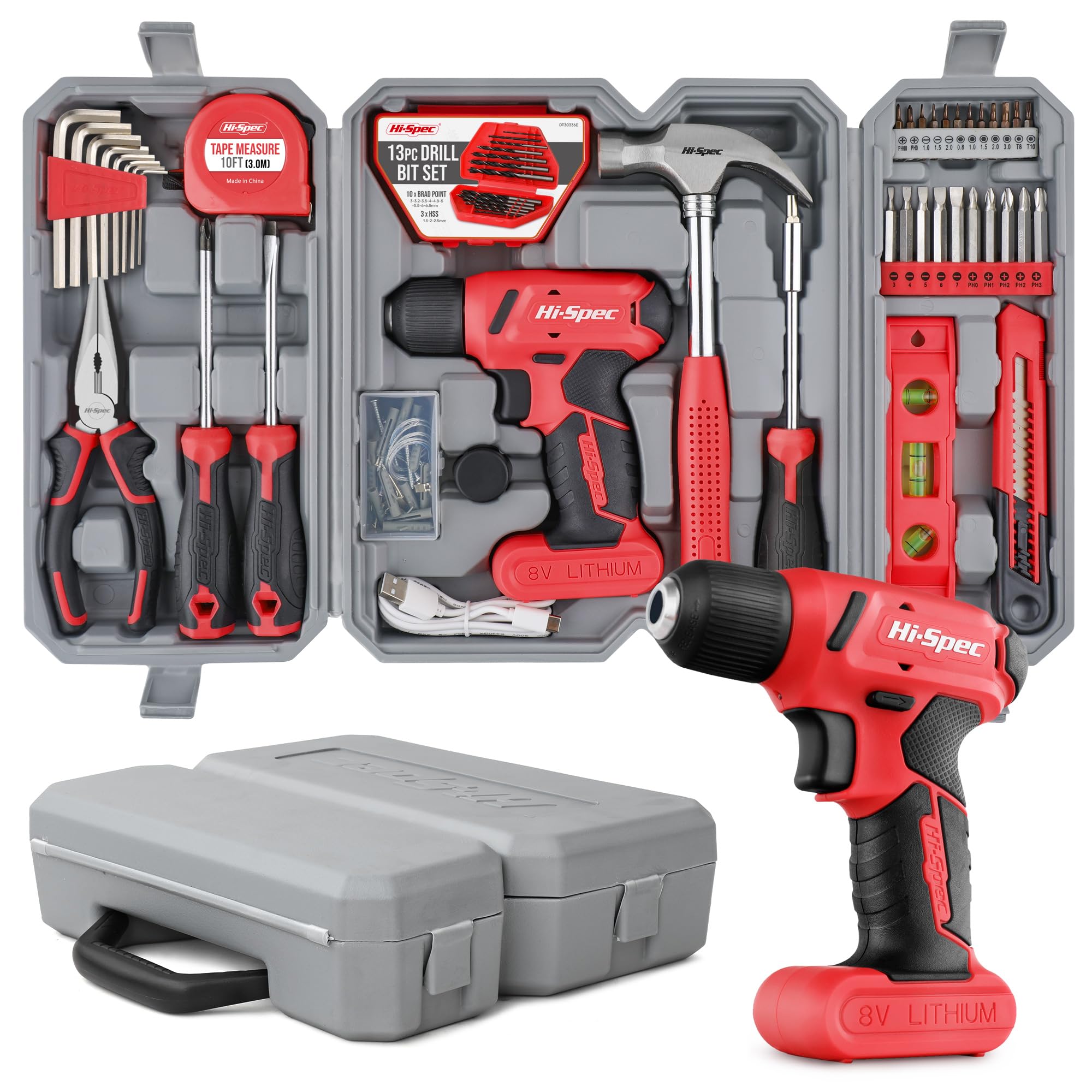 Hi-Spec 58 tlg. Werkzeugset in Rot mit 8V USB Bohrmaschine mit Akku. Werkzeugkoffer gefüllt für Haushalt DIY Reparatur und Wartungsarbeiten