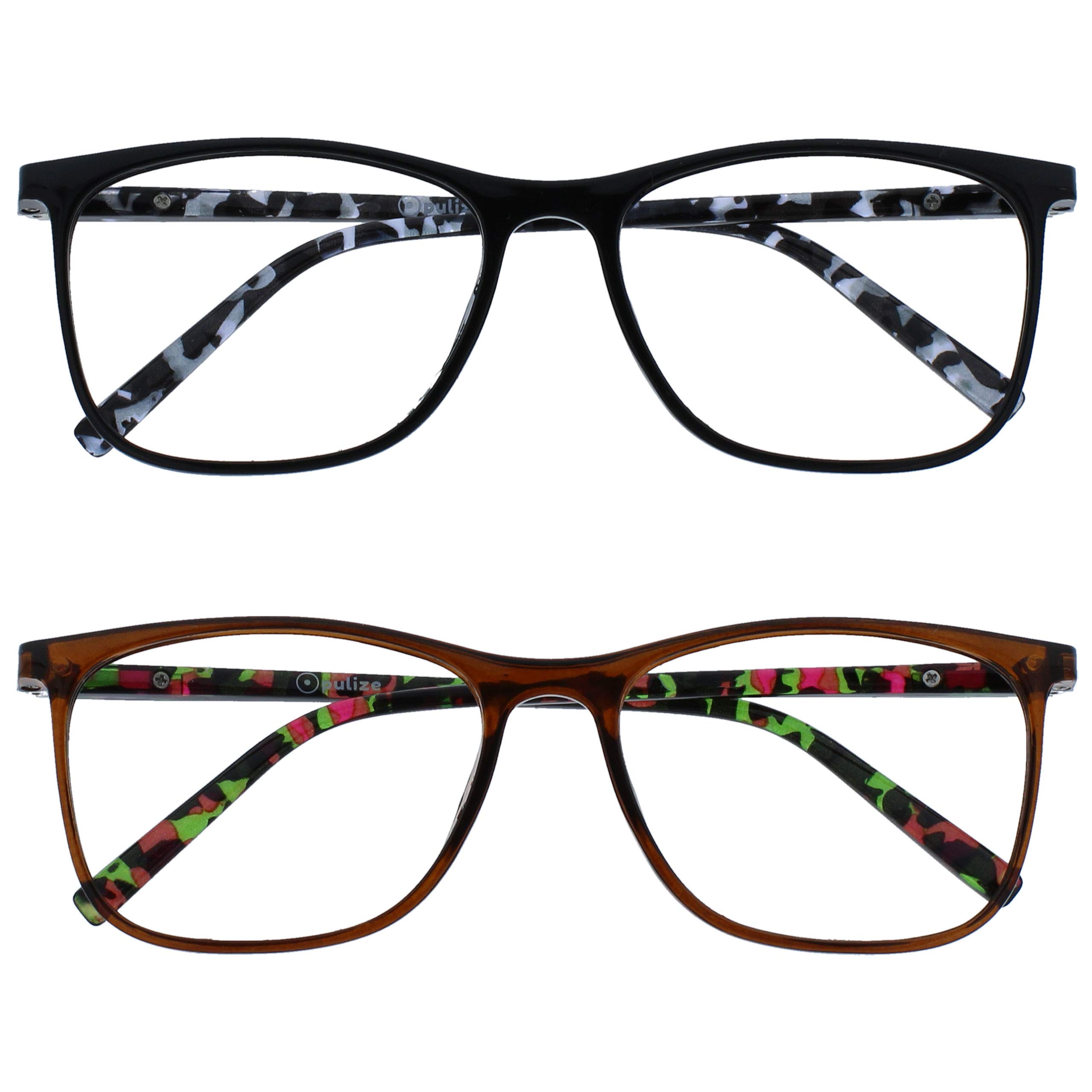 OPULIZE Arc Reading Glasses 2 Pack Stylish Slim Square Frame Spring Hinges Scratch Resistant Black Brown Patterned Arms Mens Womens RR66-12 +2.00