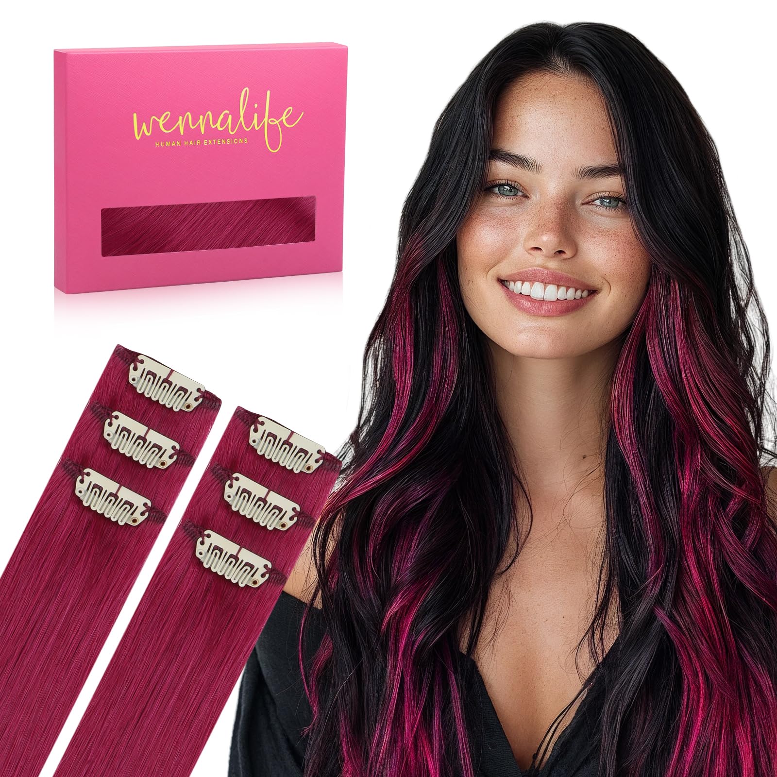 WENNALIFE Burgundy Red Clip in Hair Extensions Real Human Hair 30g 6pcs 16 Inch Colored Extensions for Kids Women Colorful Hair Pieces Pop-up Style Straight De Cabello Humano Con Clip