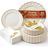 By Madee HIGH END 175 Pc Ivory Scalloped Plastic Plates with Gold Trim | Fancy Disposable Dinnerware Set | Nice Disposable Plates and Cutlery Set w/Cloth Like Napkins for Weddings & Party (25 Guests)