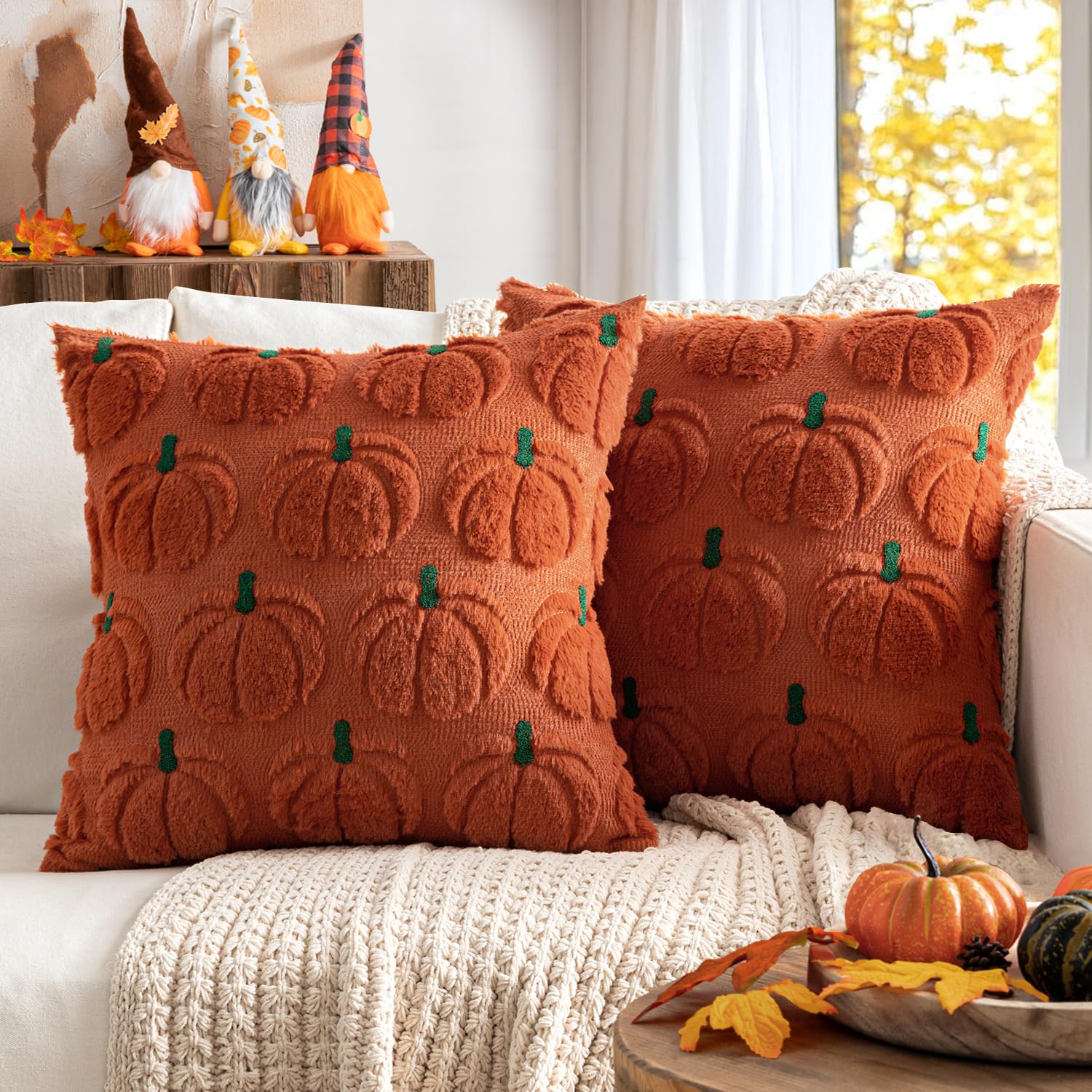 Photo 1 of MIULEE Fall Pumpkin Throw Pillow Covers Decor Set of 2 Rust Green Stem 18 x 18 Decorative Cushion Covers Soft Plush Faux Fur Couch Pillows for Autumn Harvest Outdoor Porch Farmhouse Halloween Home