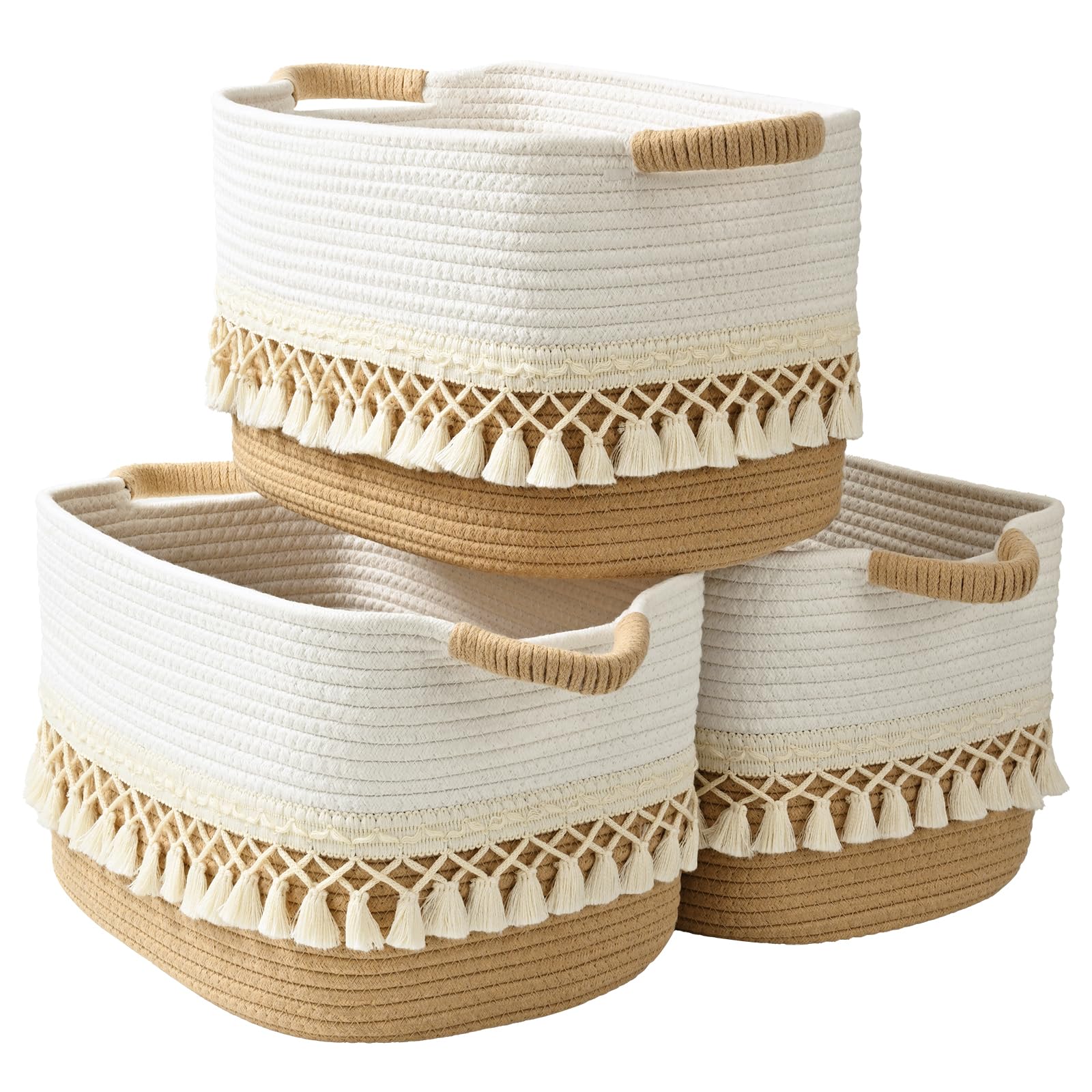 Photo 1 of 2 Pack Storage Basket for Shelves, Boho Cotton Rope Storage Bins with Heavy Tassel, Shelf Baskets Large Woven Baskets for Organizing, Cube Organizer Bins, Baby Laundry Basket for Clothes, Toys, Pets