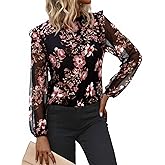 Simplee Womens Floral Boho Tops Trendy Ruffle Long Sleeve Blouses Fall Dressy Mock Neck Loose Casual Work Shirts