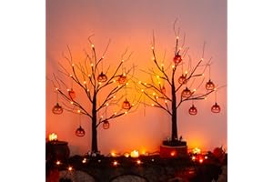 PEIDUO Set of 2 Halloween Trees, 2FT 24LED Lighted Black Glitter Tree with Timer & Pumpkin Ornaments, Battery Operated Halloween Decorations Indoor for Home Table Room Decor