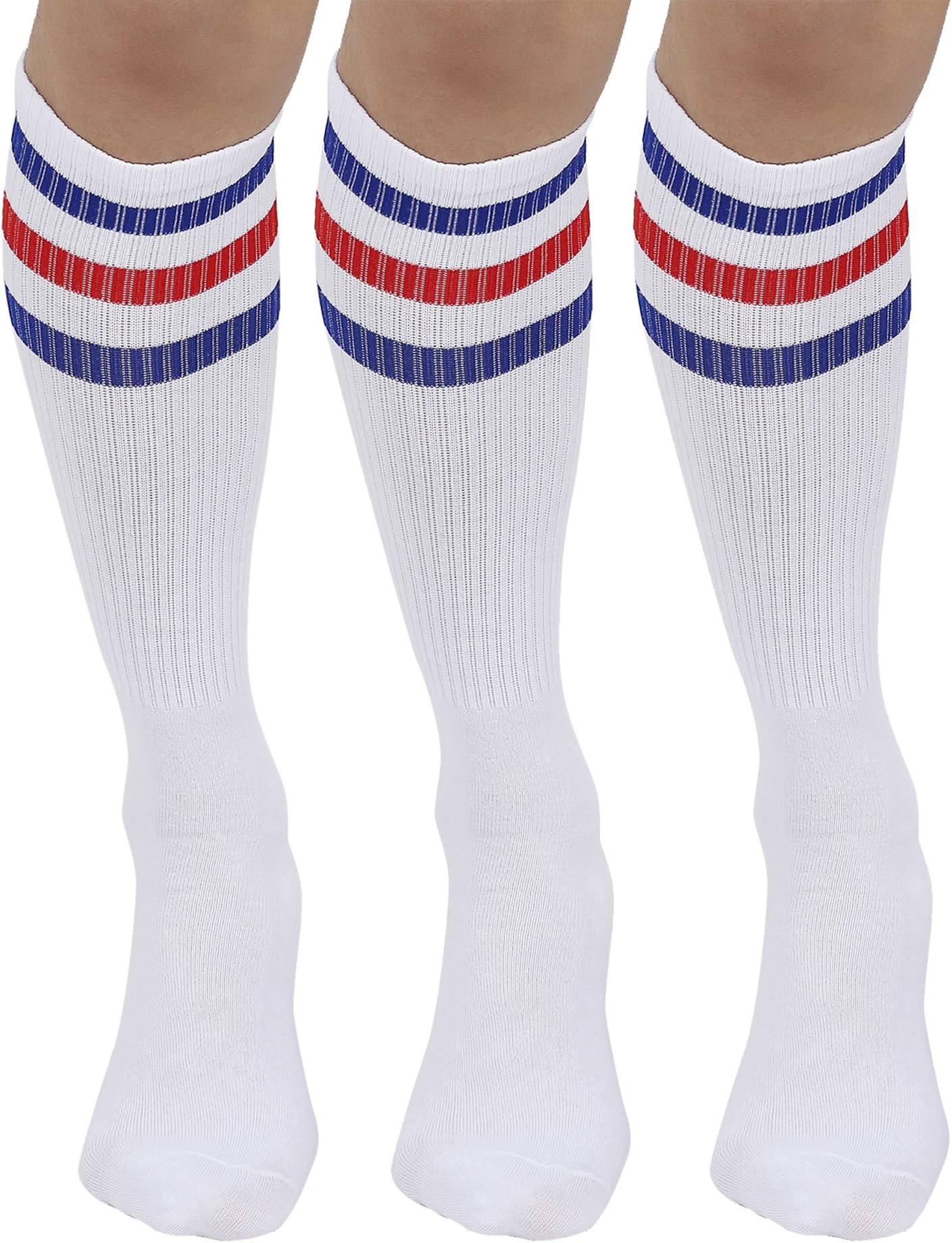 Joulli Triple Stripes White Knee High Tube Socks 1-3 Pairs