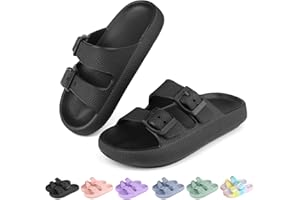 Tsukare Kids Buckle Cloud Slides丨Boys Girls Slip On Sandals丨Youth Shower Flip Flops Beach Pool Shoes EVA Adjustable Summer Slippers （12 Little Kids - 7 Big Kids）