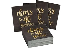 50 Pack Cheers to 40 Years Cocktail Napkins for 40th Birthday, Anniversary Party Supplies, 3-Ply, Black and Gold Foil (5 x 5 