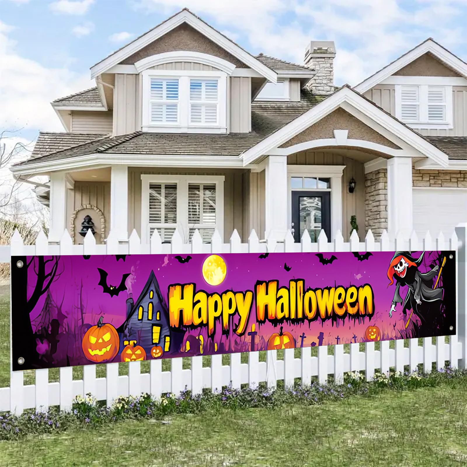 Photo 1 of **2 PACK**BlissYard Happy Halloween Backdrop Banner Halloween Party Decoration Supplies 118x20 Inches Large Indoor Outdoor seasonal banner Party Backdrop Celebration Photo Background