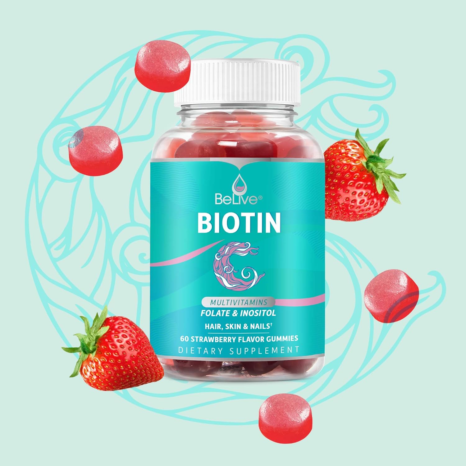 Biotin Gummies with Hair MultiVitamins, Folate, Inositol - Supports Hair Growth, Skin, Nail, Vegan, Pectin Based - Strawberry Flavor (80 Count): Health & Personal Care