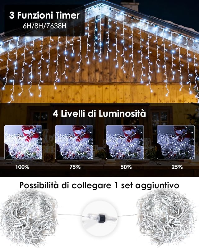 Luci di Natale da Esterno Cascata 10m 400led Bianco Freddo, Tenda Luminosa con RF Telecomando, 8 Modalità + 4 Luminosità + Timer, Luci Led Natale per Balcone Terrazza Giardino — foto 2 di 7