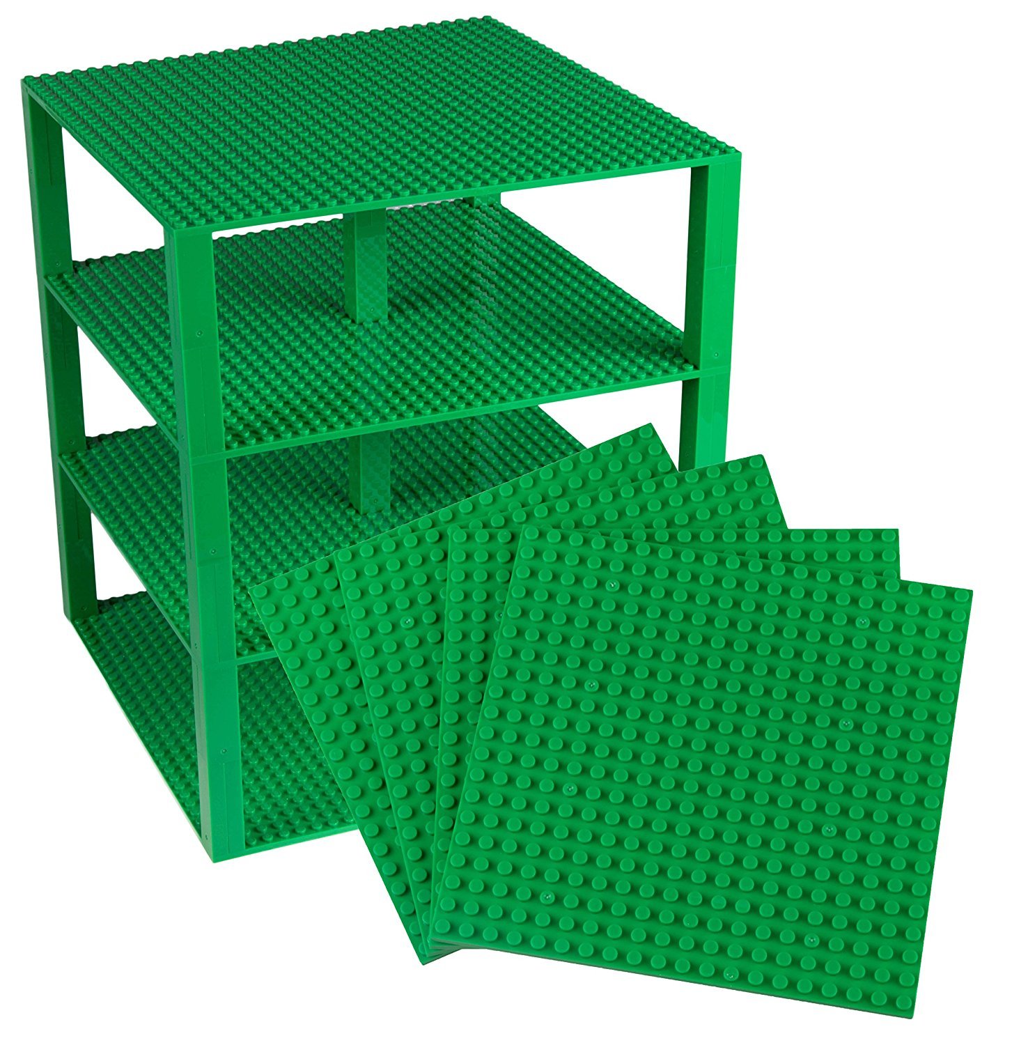 Strictly Briks Classic Baseplates 10" x 10" Brik Tower 100% Compatible with All Major Brands | Building Bricks for Towers, Shelves, Garages and More | 4 Green Stackable Base Plates & 30 Stackers