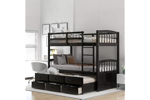 HARPER & BRIGHT DESIGNS Harper&Bright Designs Twin Over Twin Bunk Bed with Safety Rail, Ladder, Twin Trundle Bed with 3 Drawers for Kids, Teens Bedroom, Guest Room Furniture, Espresso