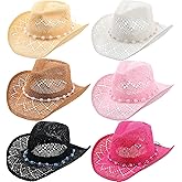 Yearntown 6 Piece Straw Cowboy Hats for Women Men Cowboy Hat Bundle Shapeable Brim Western Style Multicolor for Party Beach Outings Outdoor Garden Activities Party Western Themed Events