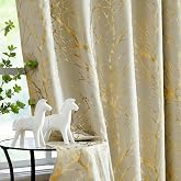 FMFUNCTEX 100% Blackout Ivory Gold Foil Tree Curtains 84 Inch Long 2 Panels | Grommet Top Black Out Drapes for Bedroom and Living Room, Thermal Insulated Branch Pattern, Metallic Foil Print Curtain