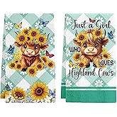 MCPESAS Highland Cow Kitchen Towels, 2 Pcs Highland Cow Dish Towels for Kitchen Drying Absorbent Dish Towel Decorative Sunflower Plaid Dishcloths Funny Cute Housewarming Gifts for Women Cows Lovers