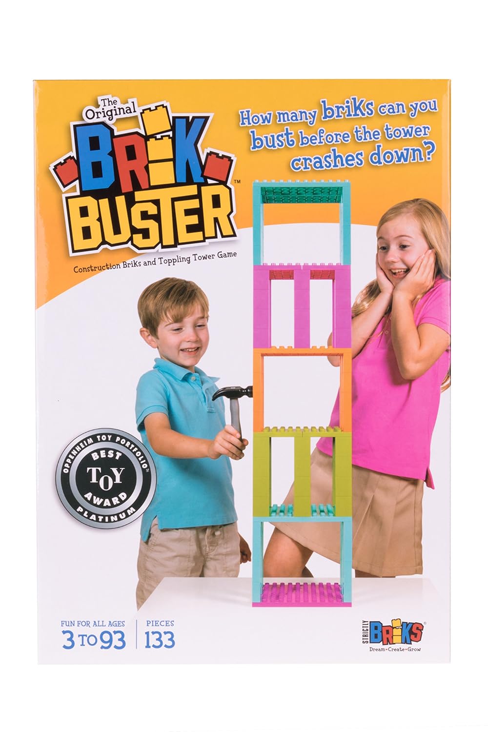 Brik Buster Tower Toppling Game by Strictly Briks Patent Pending | Stack’em High then Bust’em Down! | Award Winning Game Created by Kids for Kids | Fun for All Ages 3+ | 2+ Players | 133 Pieces