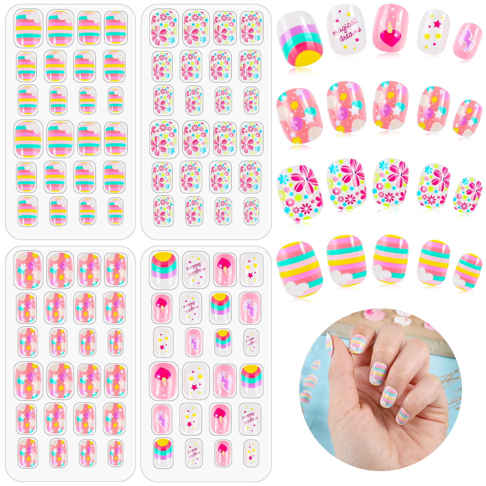 Medo 96 Pcs Kids False Nails, Kids Stick on Nails Children Press on Fake Nail Tip, Cartoon Children Full Cover Short Fingernail Pre-glued Fake Nail Stickers for Girls