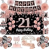 21st Birthday Decorations for Her,50Pcs PRE-STRUNG Rose Gold Black Party Set-21 Years Old Crown and Sash,Banner,Hanging Swirl,Backdrop Decor,CakeTopper,Age Candle, Balloons,Paper Fans,PRE-ASSEMBLED