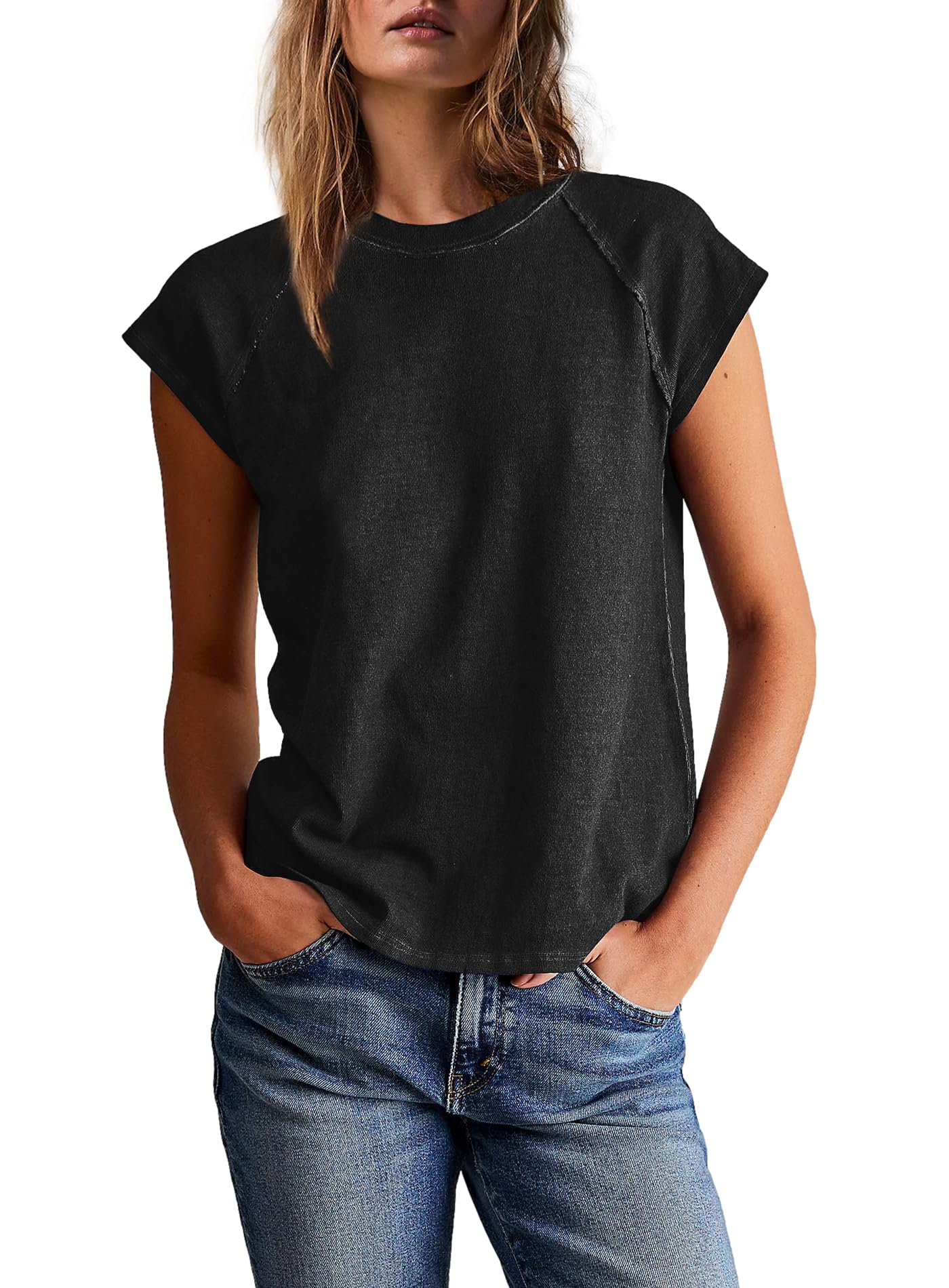 Photo 1 of Yanekop Womens Short Sleeve Shirts Crewneck T Shirts Basic Tees Casual Summer Tops Cap Sleeve Top Trendy Shirt(Black,L)