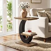 Tribesigns 2-Tier Narrow Side Table, End Table, Bedside Nightstand, Brown | Industrial Arc-Shaped Metal Frame, Storage Shelf, For Living Room, Bedroom, Small Spaces