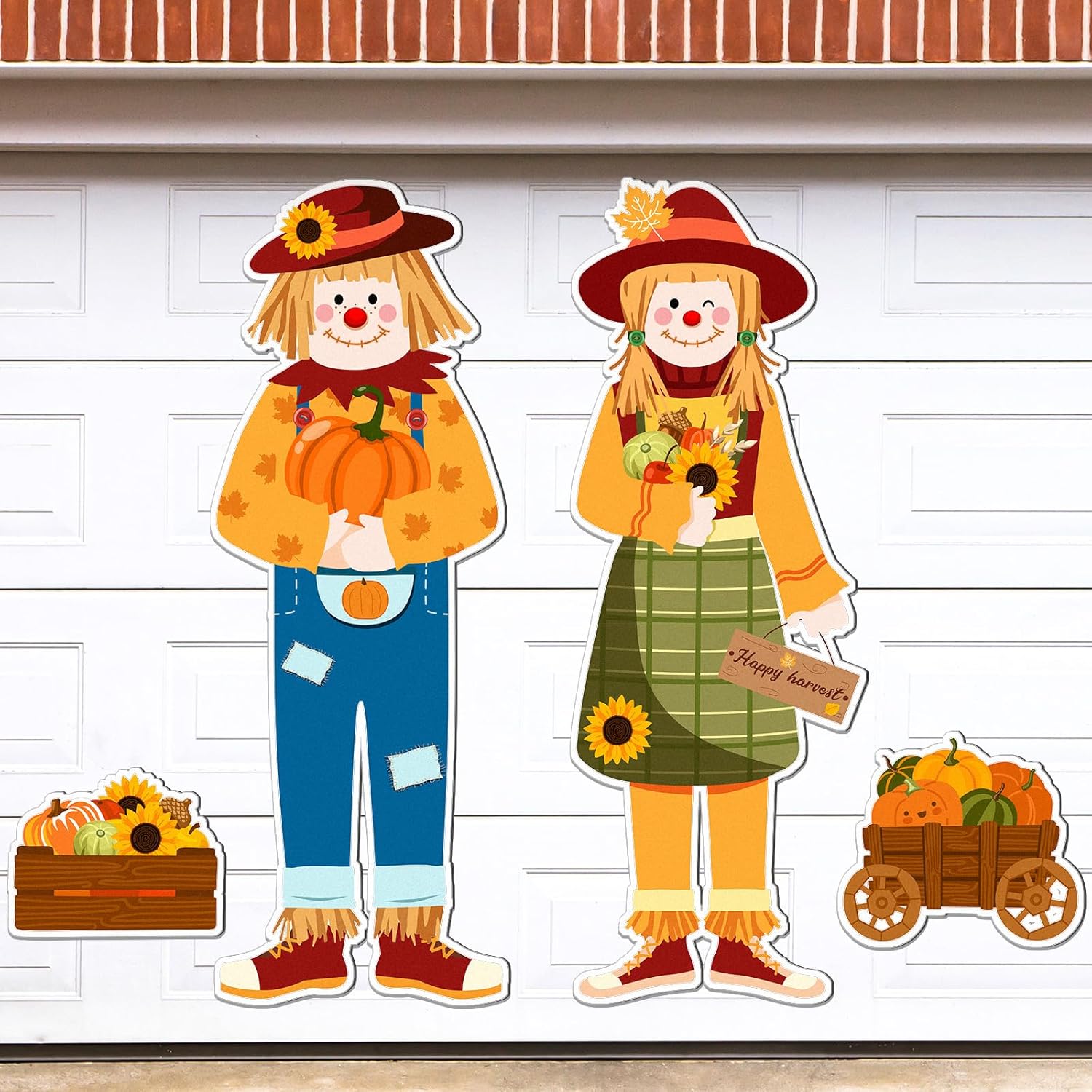 Garage Door Decorations - Xuhal 4 Pcs Fall Thanksgiving Garage Door Decorations Magnets Scarecrow Sunflower Pumpkins Cart Autumn Magnets Removable Happy Harvest Garage Magnets Decoration for Car Refrigerator Fall Party