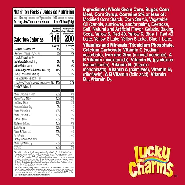 LUCKY CHARMS RAINBOW SPRINKLES CEREAL WITH MARSHMALLOWS, BIRTHDAY CAKE FLAVOR, KIDS BREAKFAST CEREAL MADE WITH WHOLE GRAIN, FAMILY SIZE, 18.4 OZ