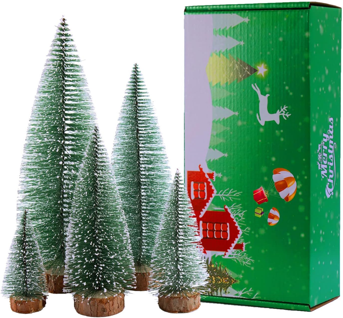 Trees - Bottle Brush Christmas Trees 5Sizes Mini Christmas Trees Small Christmas Trees Mini Pine Trees Desktop Miniature Christmas Trees with Snow and Wooden Base for Crafting Decorations (Plant Green)