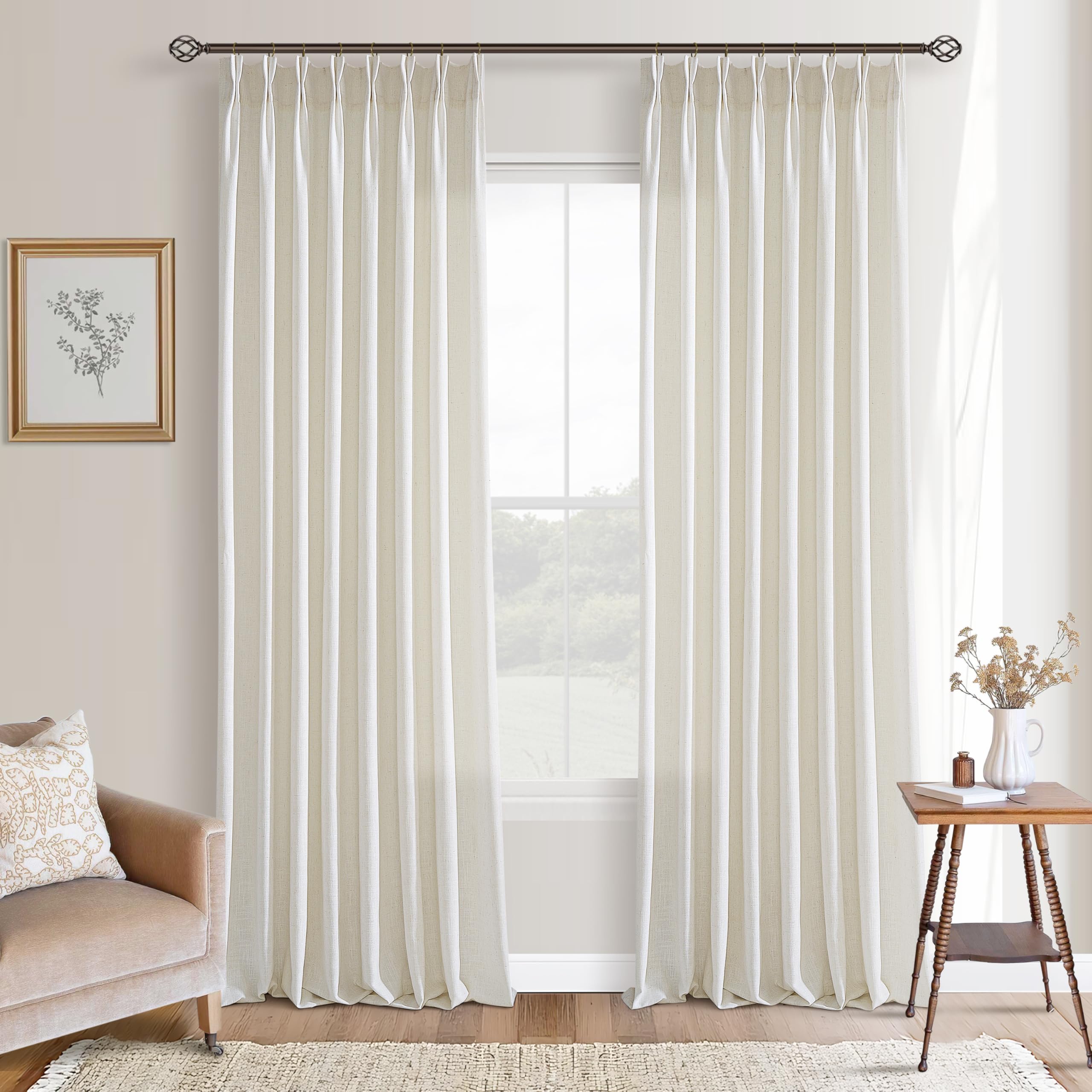 Photo 1 of 132 Inch Pinch Pleat Linen Curtains 2 Panels Set for High Ceiling Living Dining Room Semi Sheer Linen Boho Farmhouse Neutral Cream Ivory Natural Curtains 132 Inches Long for 2 Story Window 50x132