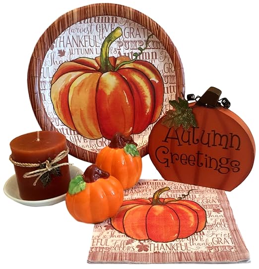 Thanksgiving / Fall / Halloween Table Decorations with Paper Plates & Napkins, Candle with Holder, Salt & Pepper Shakers and Autumn Greetings Sign Bundle