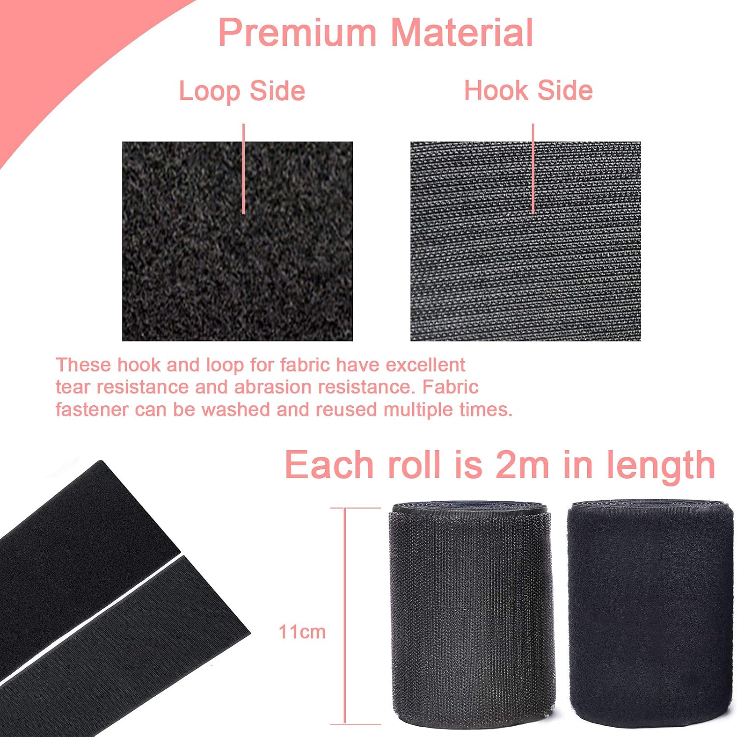 TEUVO Sew on Hook and Loop for Fabric Non Adhesive Black Nylon Strips Set for Cable Management Sewing - Image 5