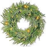 24" Prelit Christmas Wreath for Front Door, Real Touch Norfolk Pine Wreath Thick & Soft Christmas Wreaths with Light, Timer, Norfolk Pine Cypress Leaf Christmas Door Wreath for Home Wall Outdoor Decor
