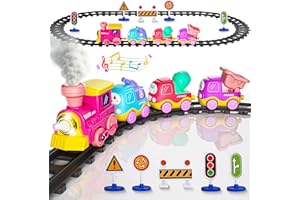 Funwee Steam Track Train Set for Toddlers, Magnetic Connection Train Toys w/Lights & Sounds, Electric Cartoon Choo Choo Train, Toy Train Christmas Birthday Gift for Toddlers 2 3 4 5+ Boy Girl (Pink)