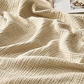 WDCOZY 100% Cotton Muslin Blanket King Size 4-Layer for Bed Breathable Lightweight Soft Large Boho Farmhouse Linen Tassels Ruffle Gauze Blankets All Season for Adults 108x90 Inches Beige Tan Neutral
