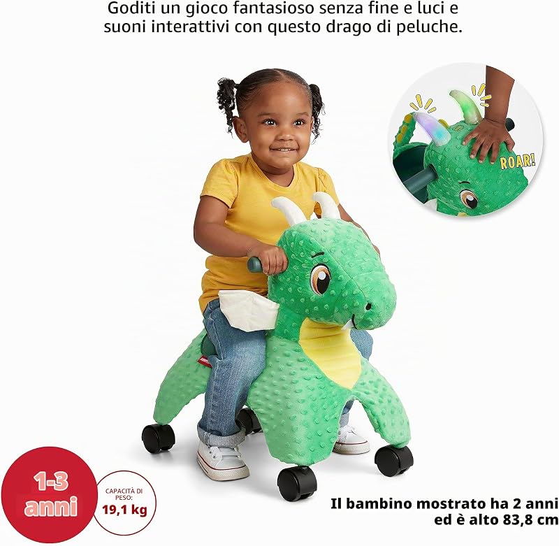 Jade il Drago Magico con luci e suoni interattivi, giocattolo tattile cavalcabile verde, per bambini da 1 a 3 anni