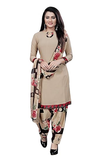 Womens Beige Color Leon Crepe Floral Printed Unstitched Dress Material (POOJA MASTI 150_Beige_Free Size)