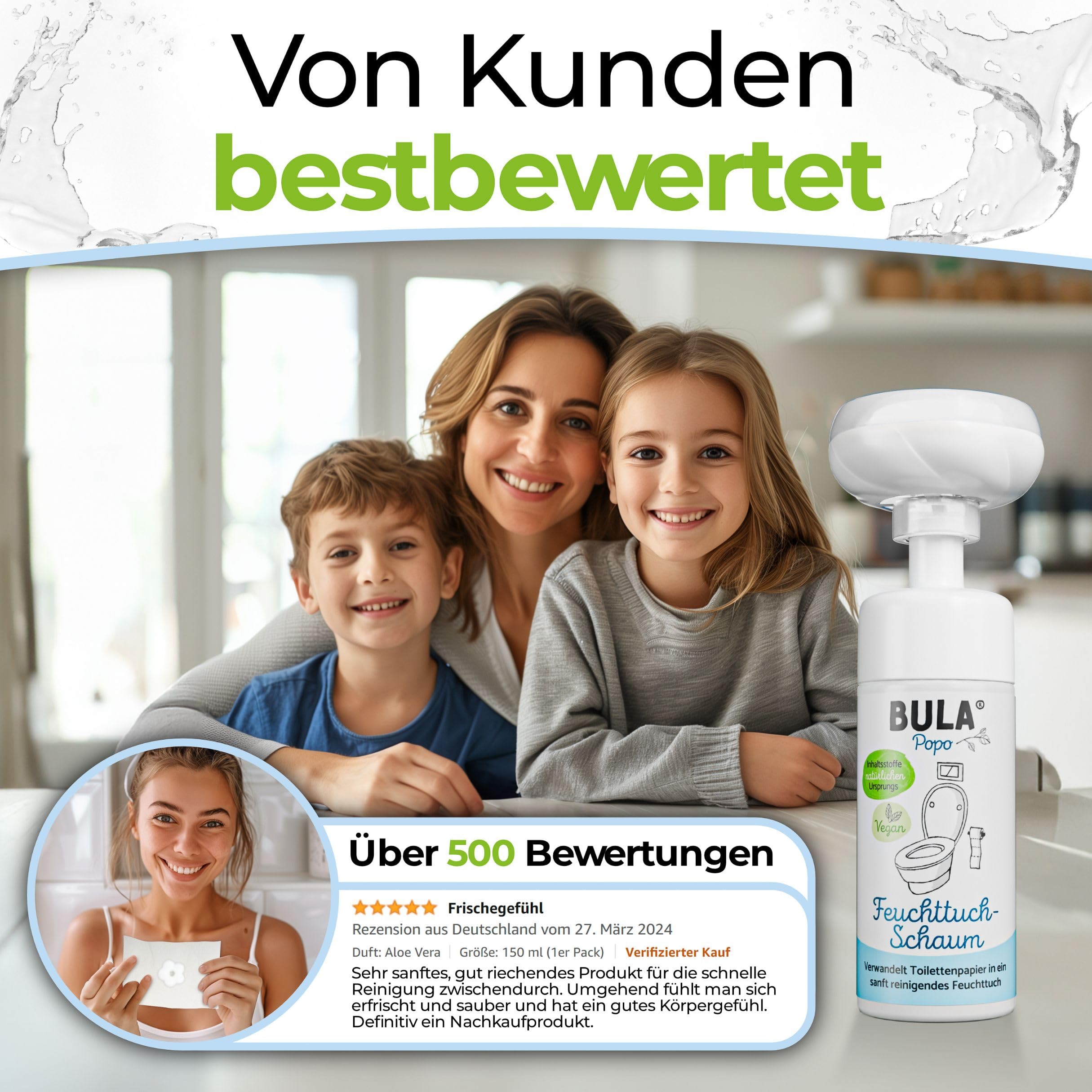 BULA® Popo Home Bundle | Feuchttuch-Schaum 150ml Flasche + Blumen-Schaumpumpe inkl. Edelstahl Halter | Popo Schaum als nachhaltige Alternative für (Baby u. Toiletten-) Feuchttücher | BULA Starterset 8